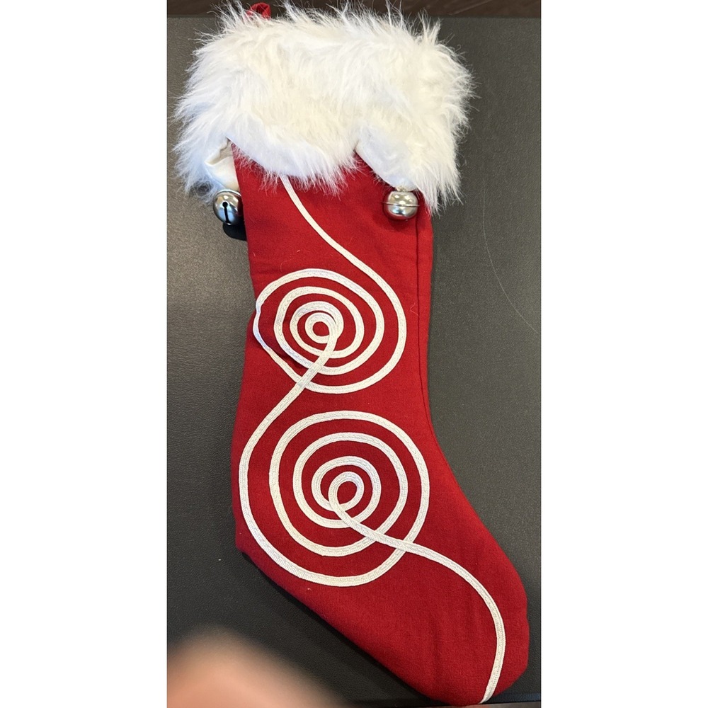 Red White Faux Fur Trim Bells Whimsical Swirls Christmas Stocking 21‎ Inch NEW